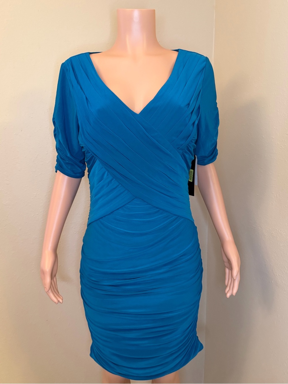 Miss Sixty Blue Bodycon Jersey Ruched V-Neck 3/4 Sleeve Knee Dress 12